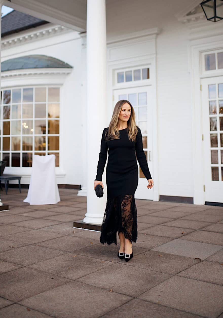 Black Long-Sleeved Sheath Dress with Lace Hem Black Long-Sleeved Sheath Dress with Lace Hem — Simple Semi Formal Dresses