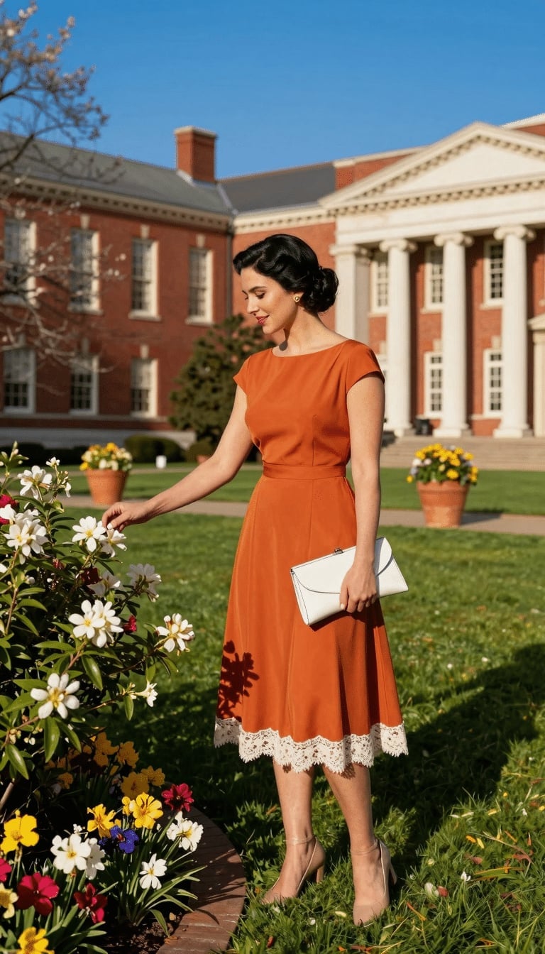 Burnt Orange Cap Sleeve Midi Dress with Lace Trim Burnt Orange Cap Sleeve Midi Dress with Lace Trim — Simple Semi Formal Dresses