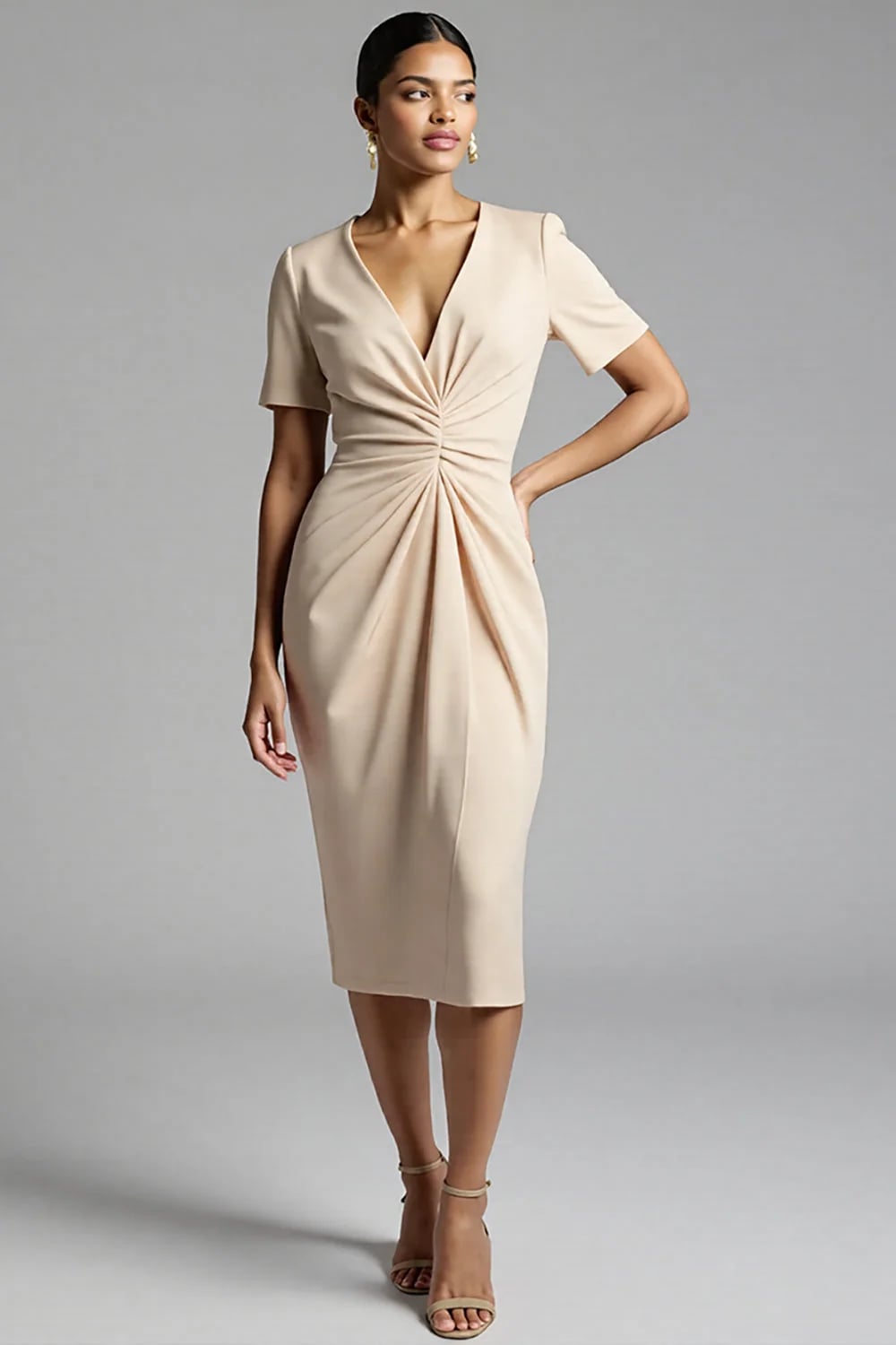 Champagne Ruched Knee-Length Bodycon Dress Champagne Ruched Knee-Length Bodycon Dress — Simple Semi Formal Dresses