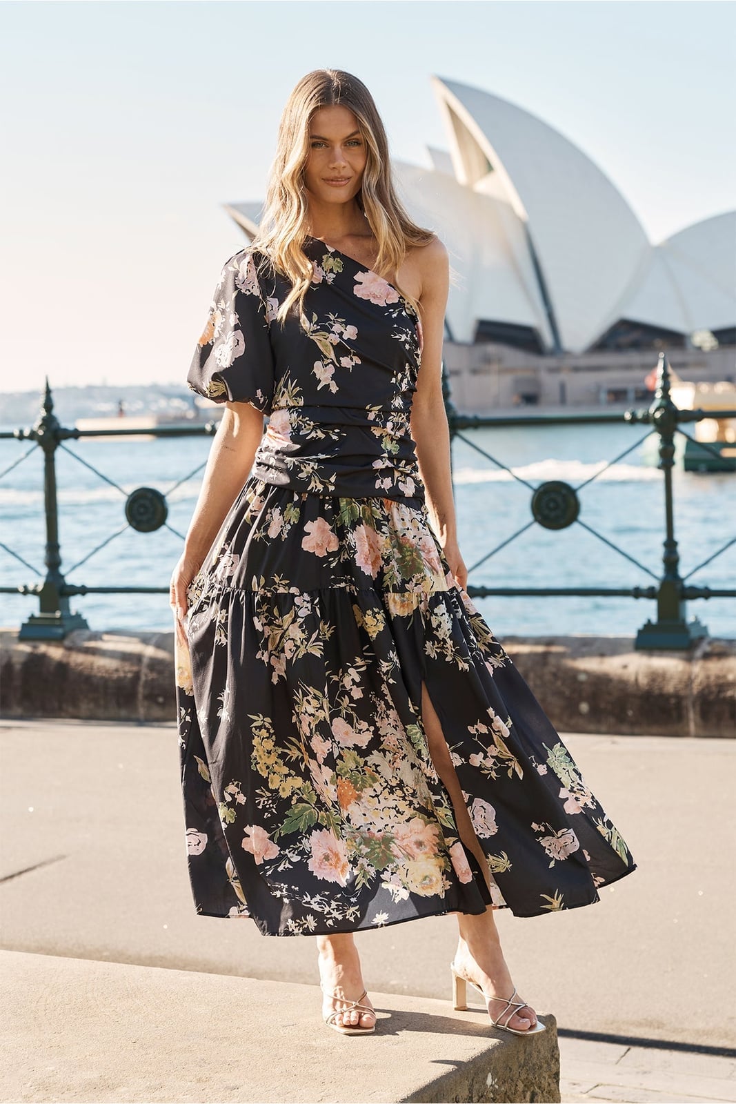 Navy Floral Print One-Shoulder Dress with Full Skirt Navy Floral Print One-Shoulder Dress with Full Skirt — Simple Semi Formal Dresses