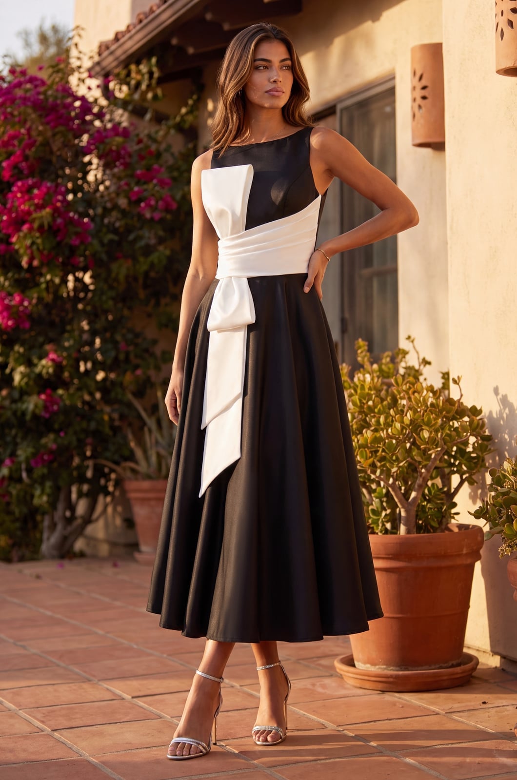Black Satin A-line Midi Dress with White Sash Black Satin A-line Midi Dress with White Sash — Simple Semi Formal Dresses
