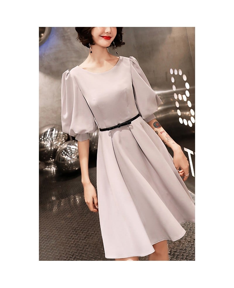 Light Gray Satin A-line Dress with Puff Sleeves Light Gray Satin A-line Dress with Puff Sleeves — Simple Semi Formal Dresses