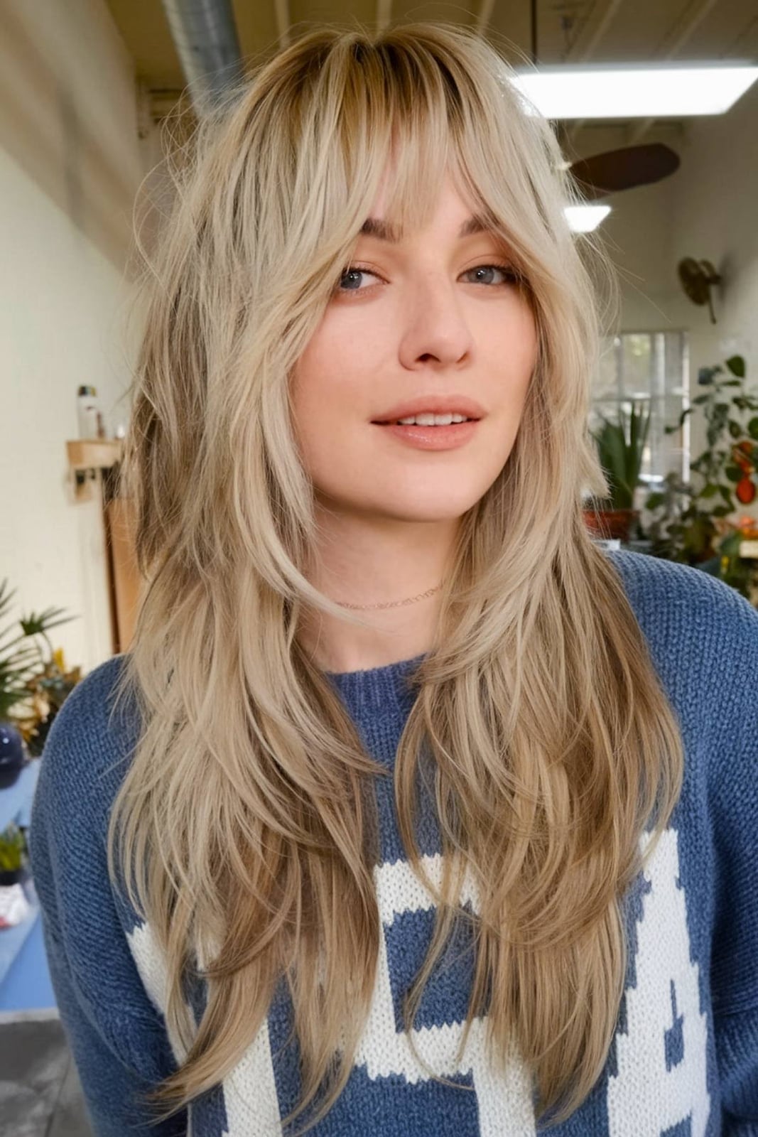 Mid-Back Ash Blonde Shag With Full Bangs Mid-Back Ash Blonde Shag With Full Bangs — Simple Shag Hairstyles