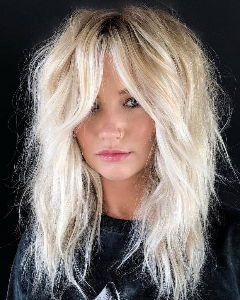 Mid-Back Platinum Blonde Shag With Curtain Bangs Mid-Back Platinum Blonde Shag With Curtain Bangs — Simple Shag Hairstyles