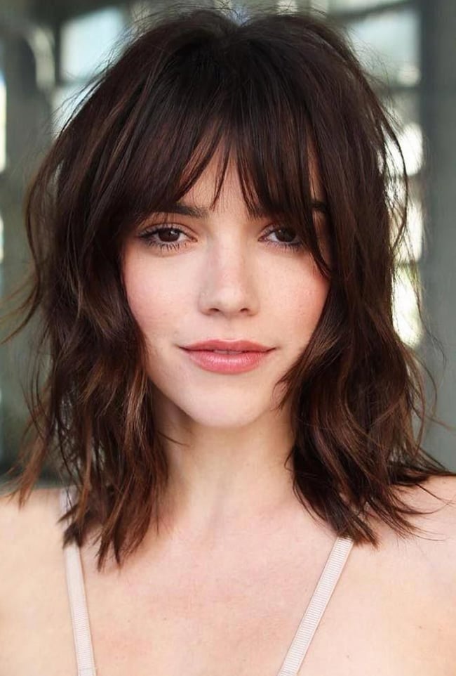 Collarbone Shag Dark Brown With Subtle Highlights and Curtain Bangs Collarbone Shag Dark Brown With Subtle Highlights and Curtain Bangs — Simple Shag Hairstyles