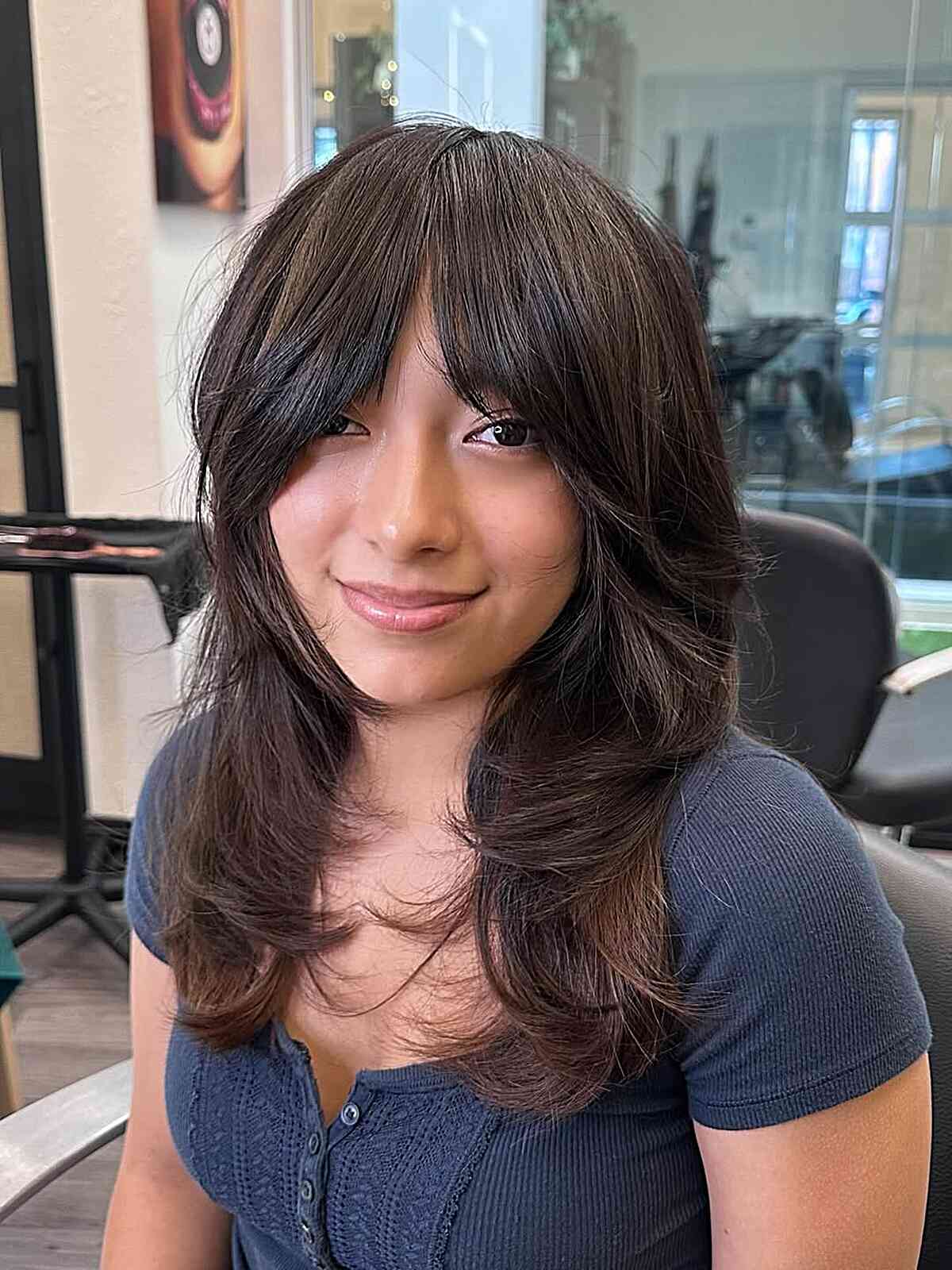 Dark Brown Collarbone Shag With Blunt Bangs Dark Brown Collarbone Shag With Blunt Bangs — Simple Shag Hairstyles
