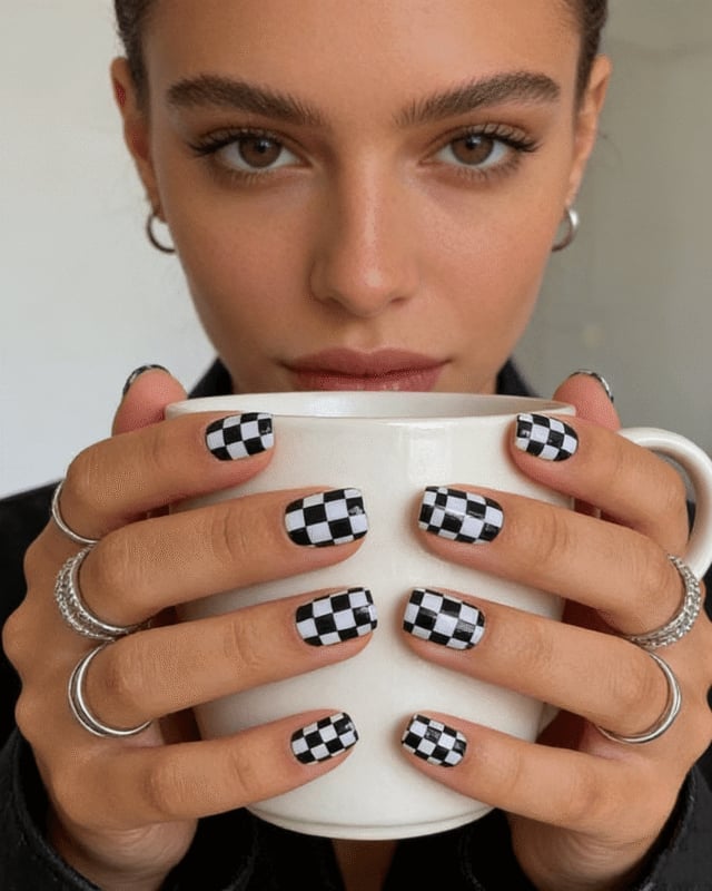Black and White Checkerboard Nails Short Square
