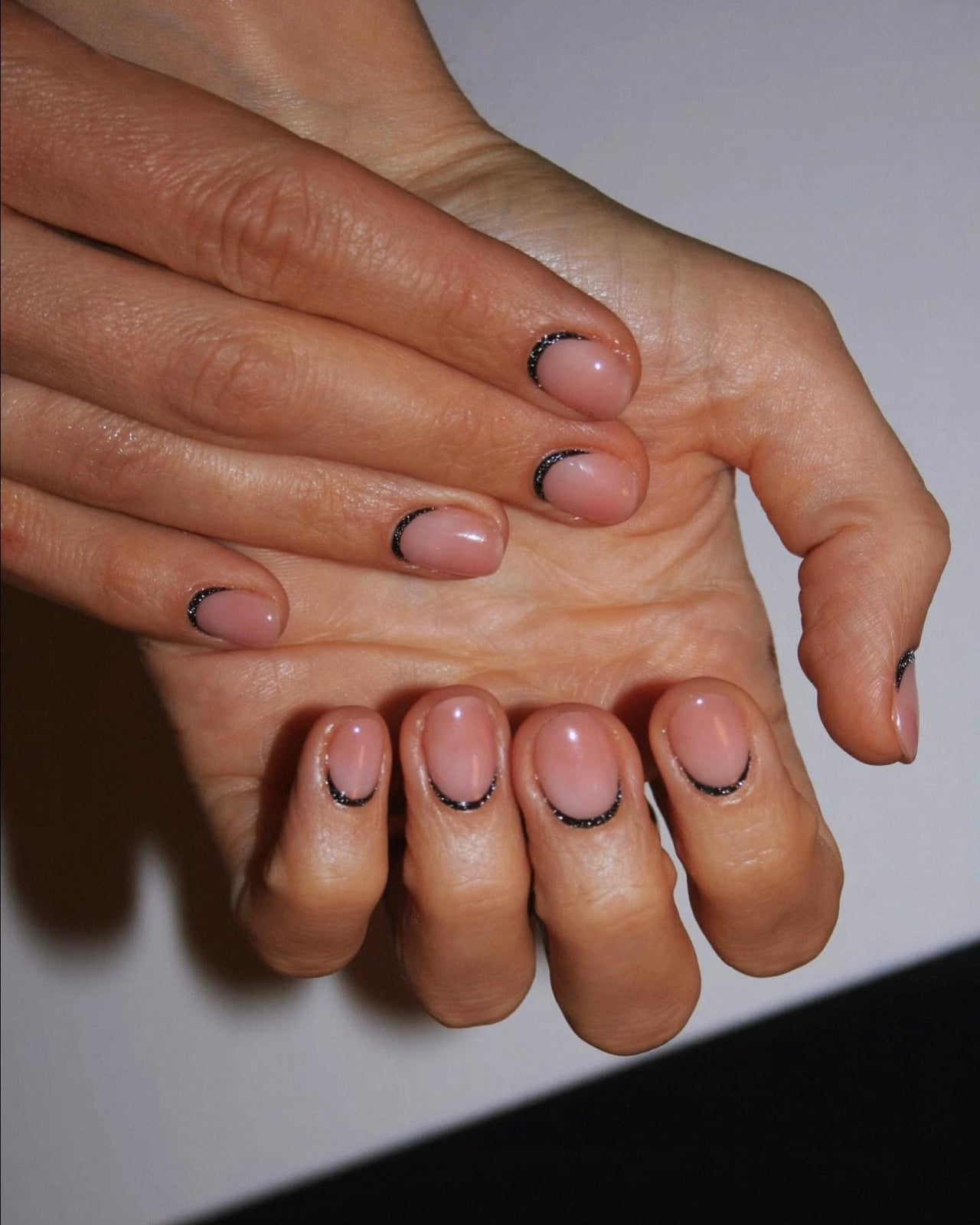 Sheer Nude Short Oval Black Glitter Cuticle Line Nails Sheer Nude Short Oval Black Glitter Cuticle Line Nails — Simple Short Black Nails
