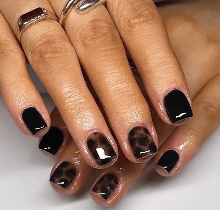 Glossy Black Short Square Leopard Print Nails Glossy Black Short Square Leopard Print Nails — Simple Short Black Nails