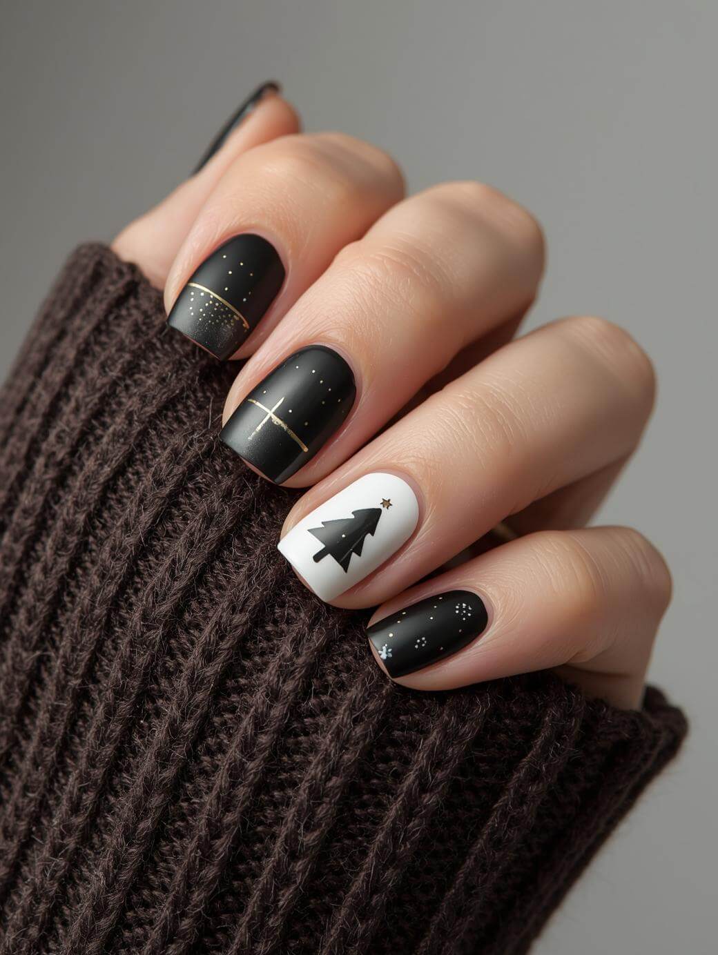 Matte Black Short Square Gold Line Christmas Tree Nails Matte Black Short Square Gold Line Christmas Tree Nails — Simple Short Black Nails