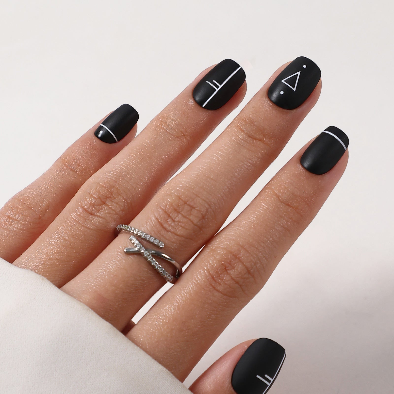Matte Black Short Square Geometric Line Art Nails Matte Black Short Square Geometric Line Art Nails — Simple Short Black Nails