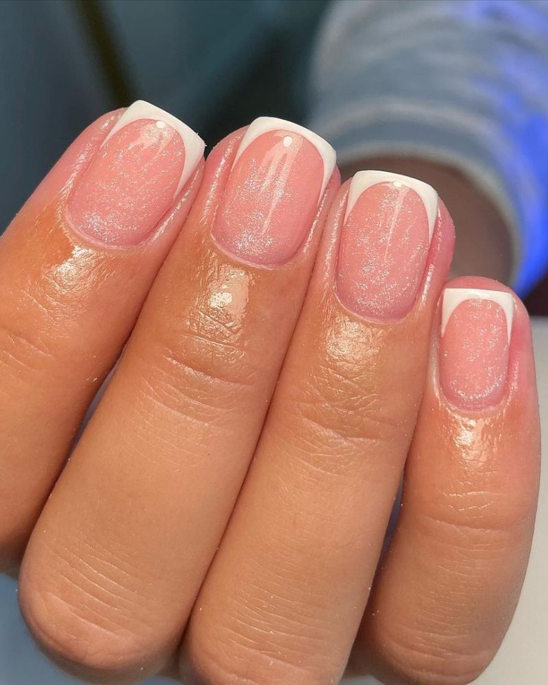 Shimmering Milky Pink Classic White French Tip Nails With Short Square Shimmering Milky Pink Classic White French Tip Nails With Short Square — Simple Short French Tip Nails