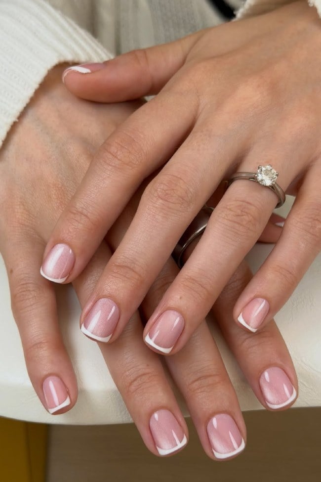 Subtle Shimmer Pink Base White French Tip Nails Subtle Shimmer Pink Base White French Tip Nails — Simple Short French Tip Nails