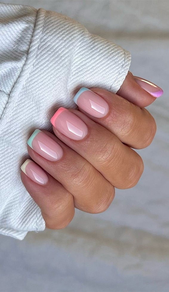 Pastel Color Line French Tip Soft Square Nails Pastel Color Line French Tip Soft Square Nails — Simple Short French Tip Nails