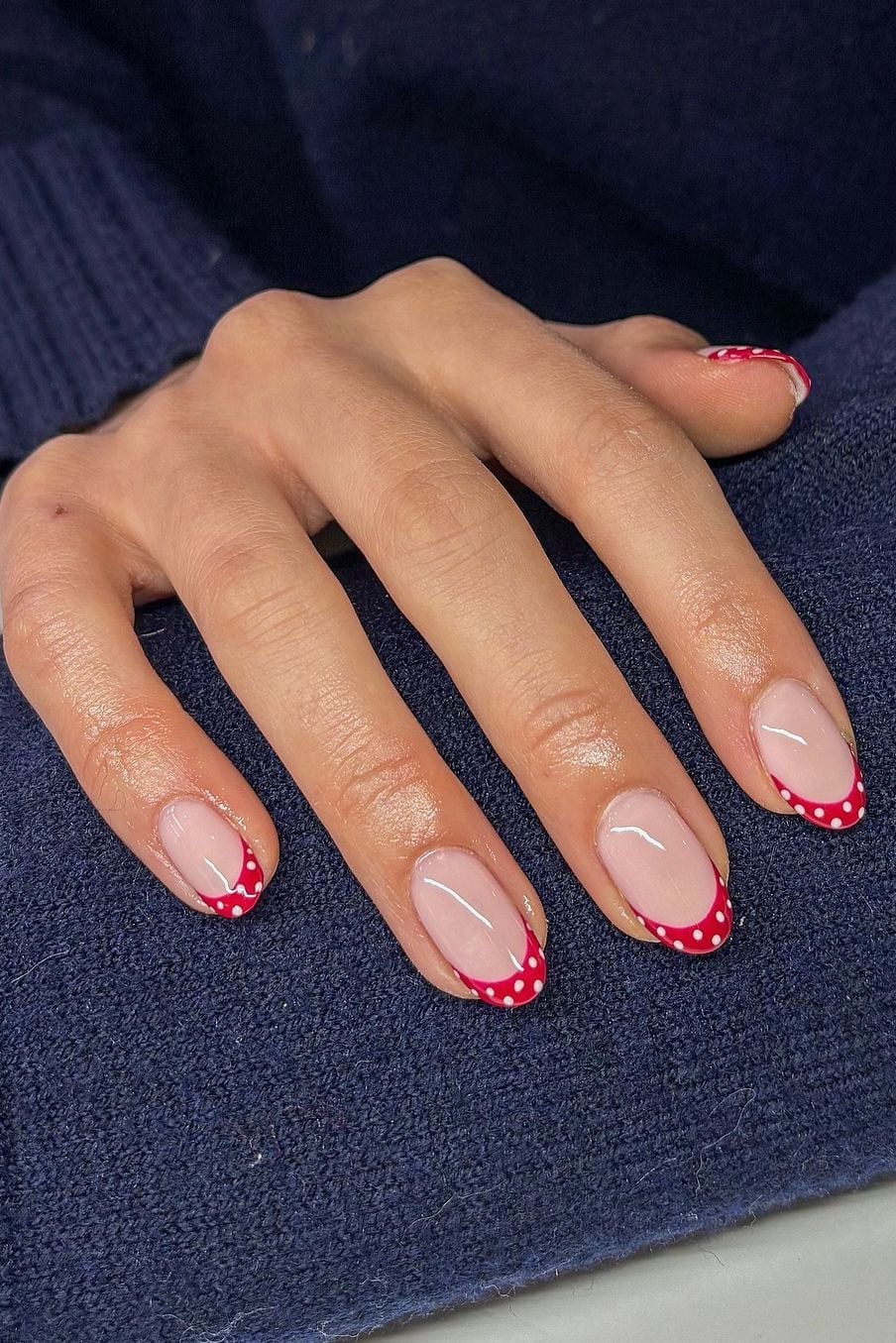 Polka Dot Red French Tip Short Oval Nails Polka Dot Red French Tip Short Oval Nails — Simple Short French Tip Nails