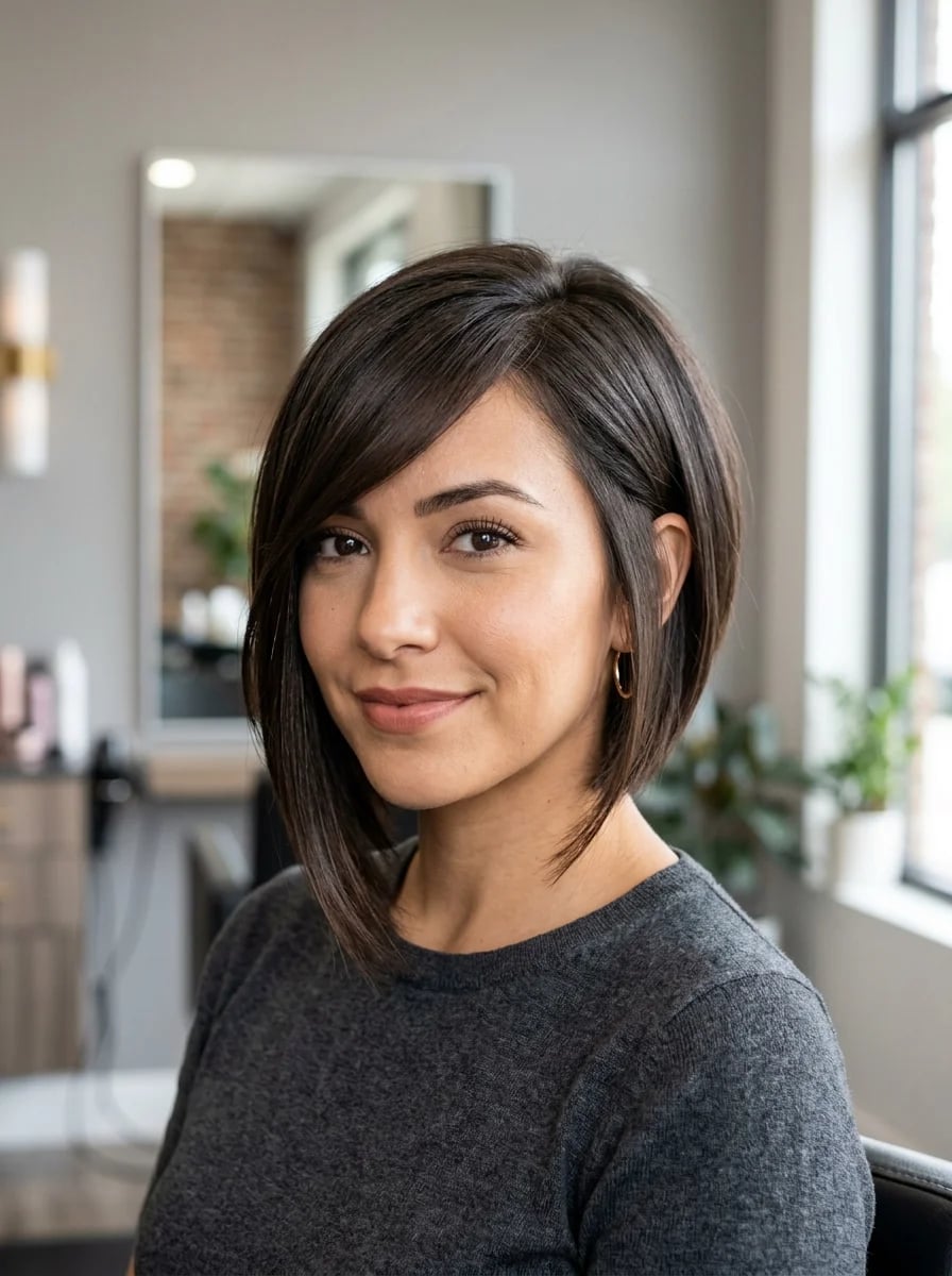 Chin Length Bob With Side Swept Bangs Chin Length Bob With Side Swept Bangs — Simple Side Swept Bangs