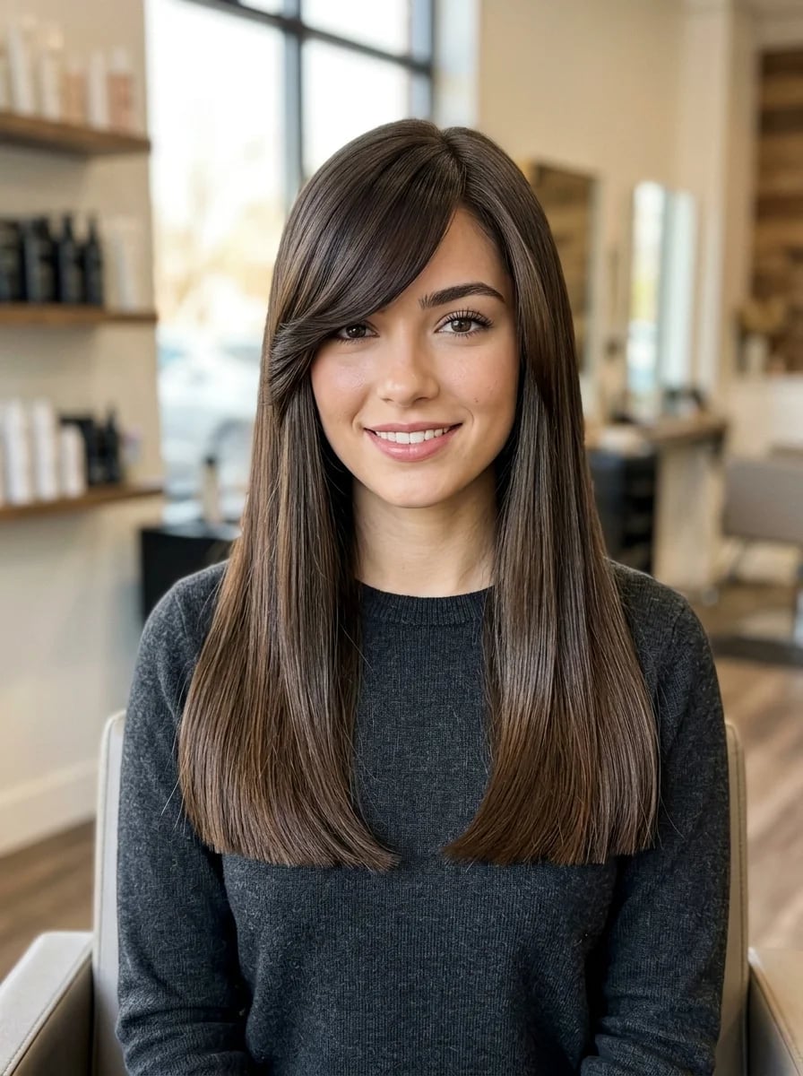 Mid-Back Length Straight Hair With Long Bangs Mid-Back Length Straight Hair With Long Bangs — Simple Side Swept Bangs
