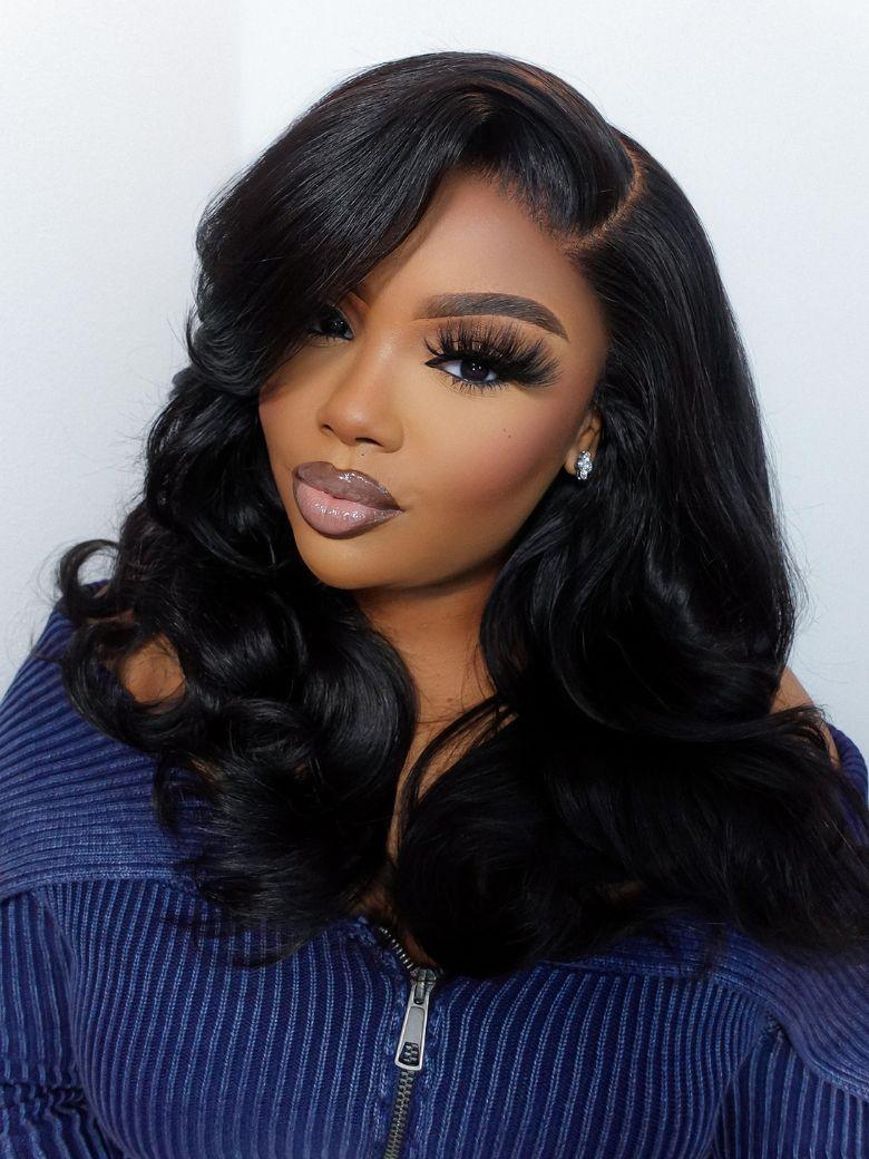 Long Black Wavy Hair With Loose Curls Long Black Wavy Hair With Loose Curls — Simple Side Swept Bangs