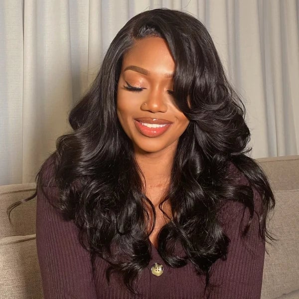 Mid-Back Dark Brown Waves With Layered Bangs Mid-Back Dark Brown Waves With Layered Bangs — Simple Side Swept Bangs