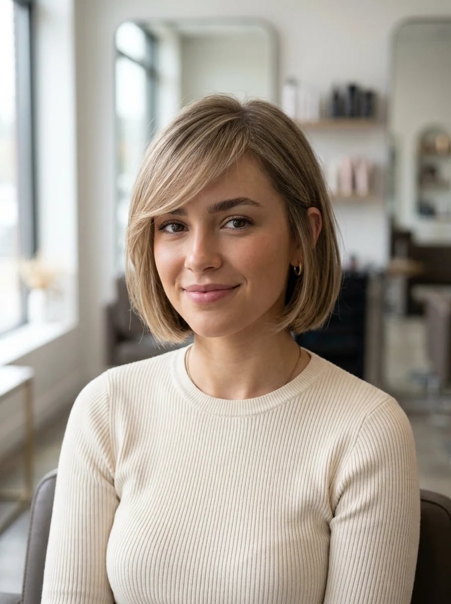 Thick Dark Brown Bob With Face Framing Bangs Thick Dark Brown Bob With Face Framing Bangs — Simple Side Swept Bangs