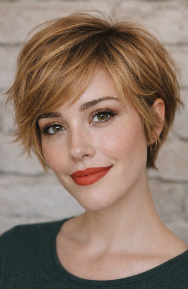 Pixie Cut With Textured Golden Blonde Bangs Pixie Cut With Textured Golden Blonde Bangs — Simple Side Swept Bangs