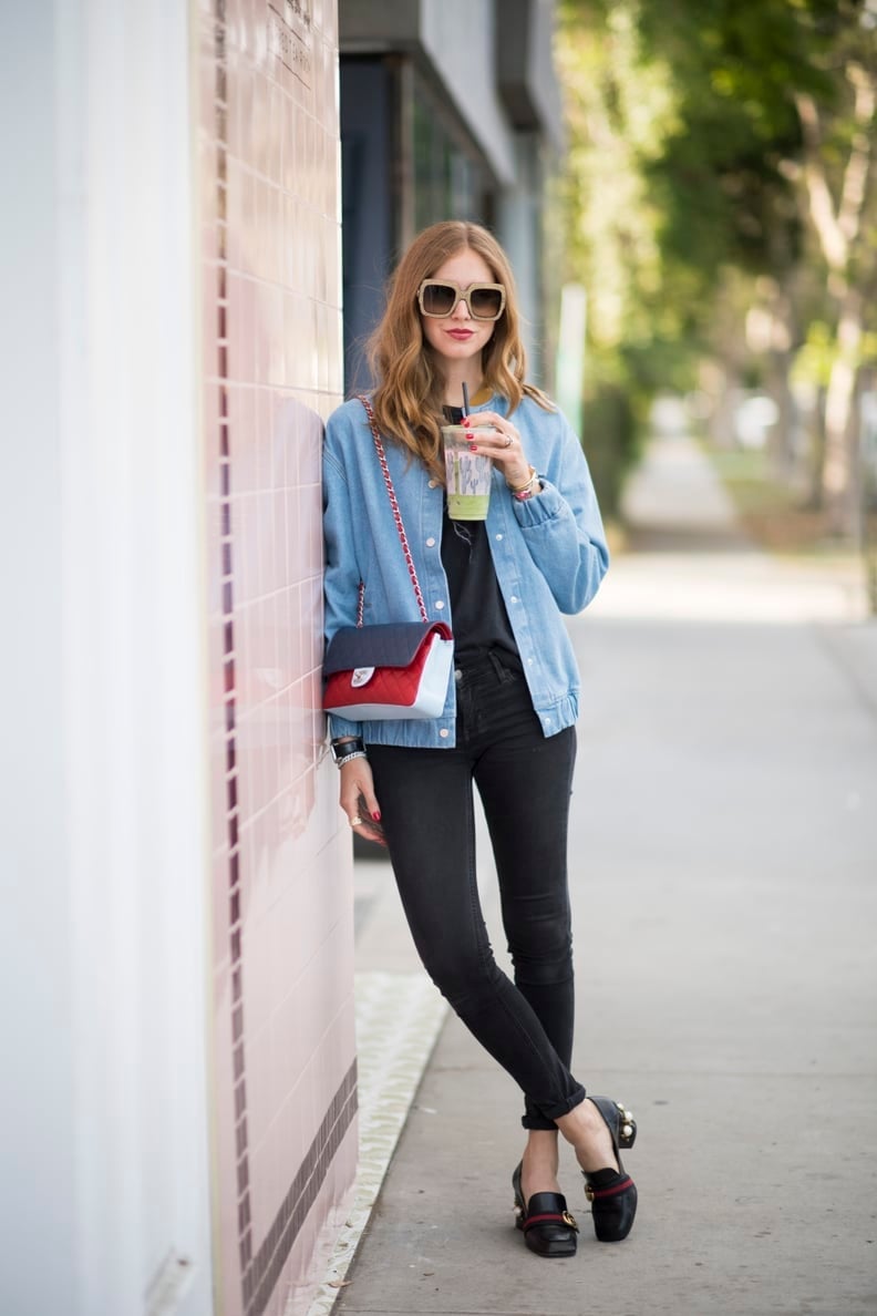 Dark Wash Skinny Jeans With Denim Bomber Jacket — Simple Skinny Jeans Outfits