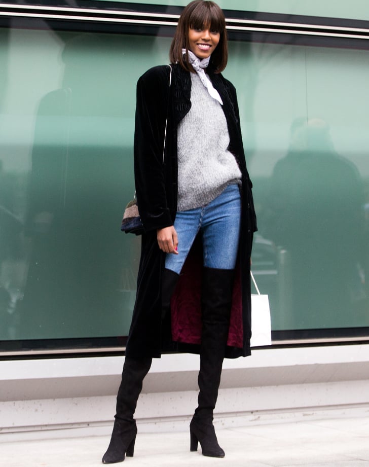 Skinny Jeans With Velvet Coat And Over-The-Knee Boots — Simple Skinny Jeans Outfits