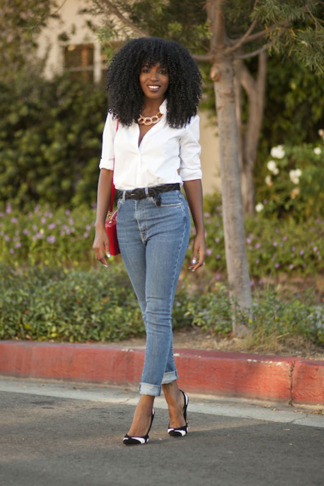 Skinny Jeans With White Button-Down Shirt And Red Bag — Simple Skinny Jeans Outfits