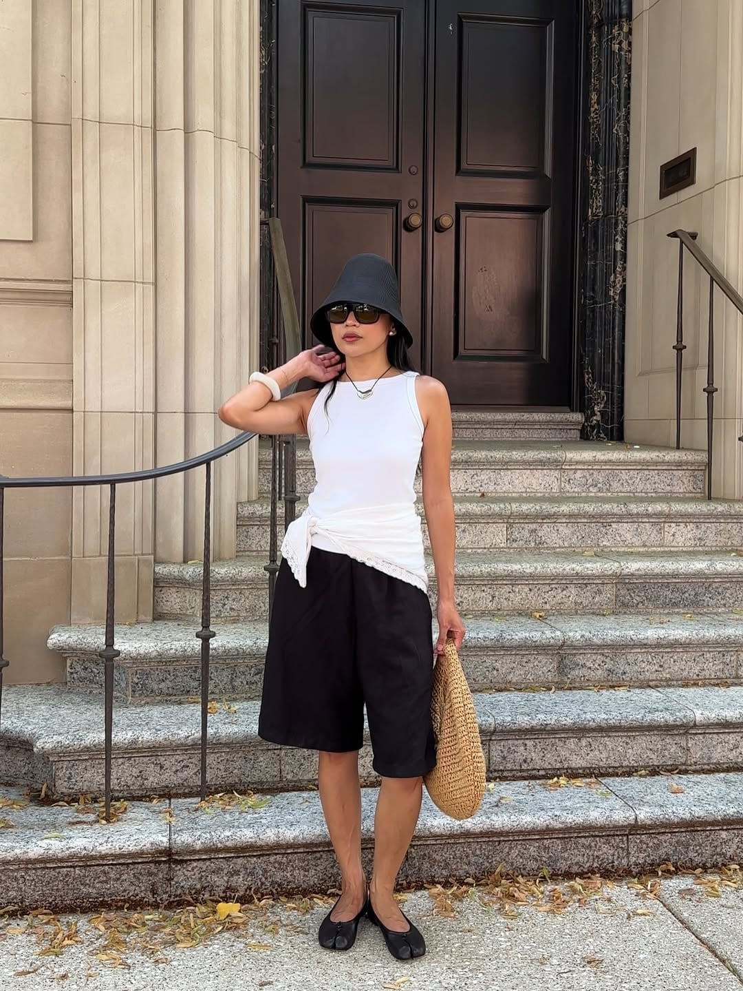White Tank Top With Black Bermuda Shorts White Tank Top With Black Bermuda Shorts — Simple Smart Casual Outfits