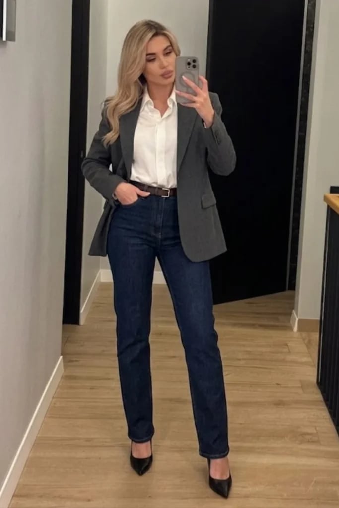 Gray Blazer With White Shirt And Dark Wash Jeans Gray Blazer With White Shirt And Dark Wash Jeans — Simple Smart Casual Outfits