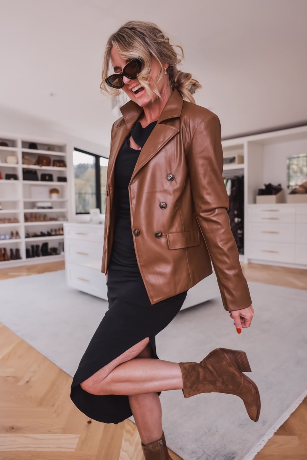 Faux Leather Blazer Over Black Midi Dress Faux Leather Blazer Over Black Midi Dress — Simple Smart Casual Outfits