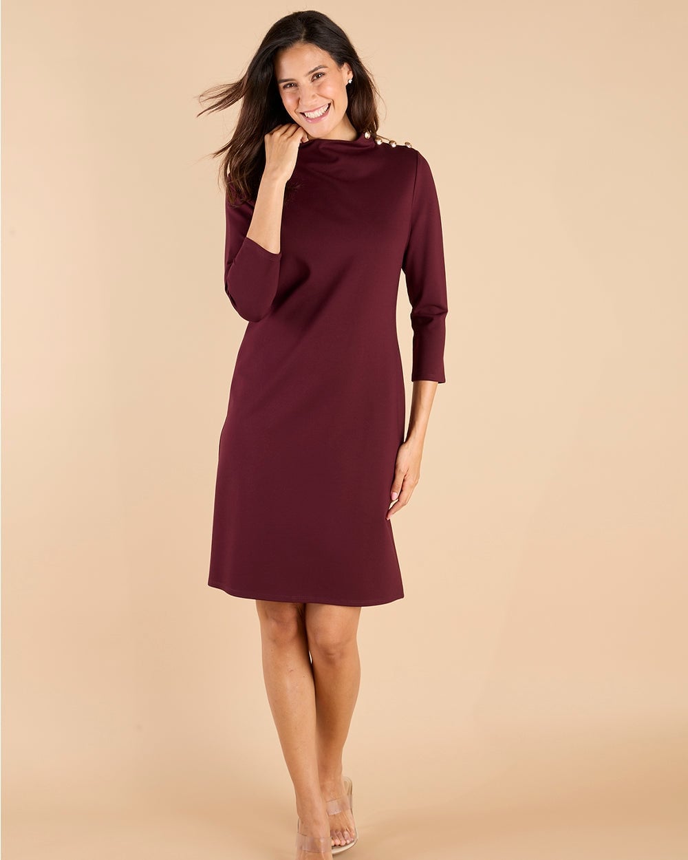 Burgundy Shift Dress With Gold Button Detail Burgundy Shift Dress With Gold Button Detail — Simple Smart Casual Outfits