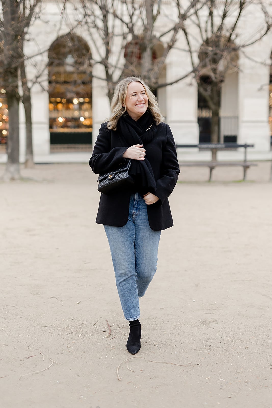 Black Blazer With Scarf And Straight Leg Jeans Black Blazer With Scarf And Straight Leg Jeans — Simple Smart Casual Outfits