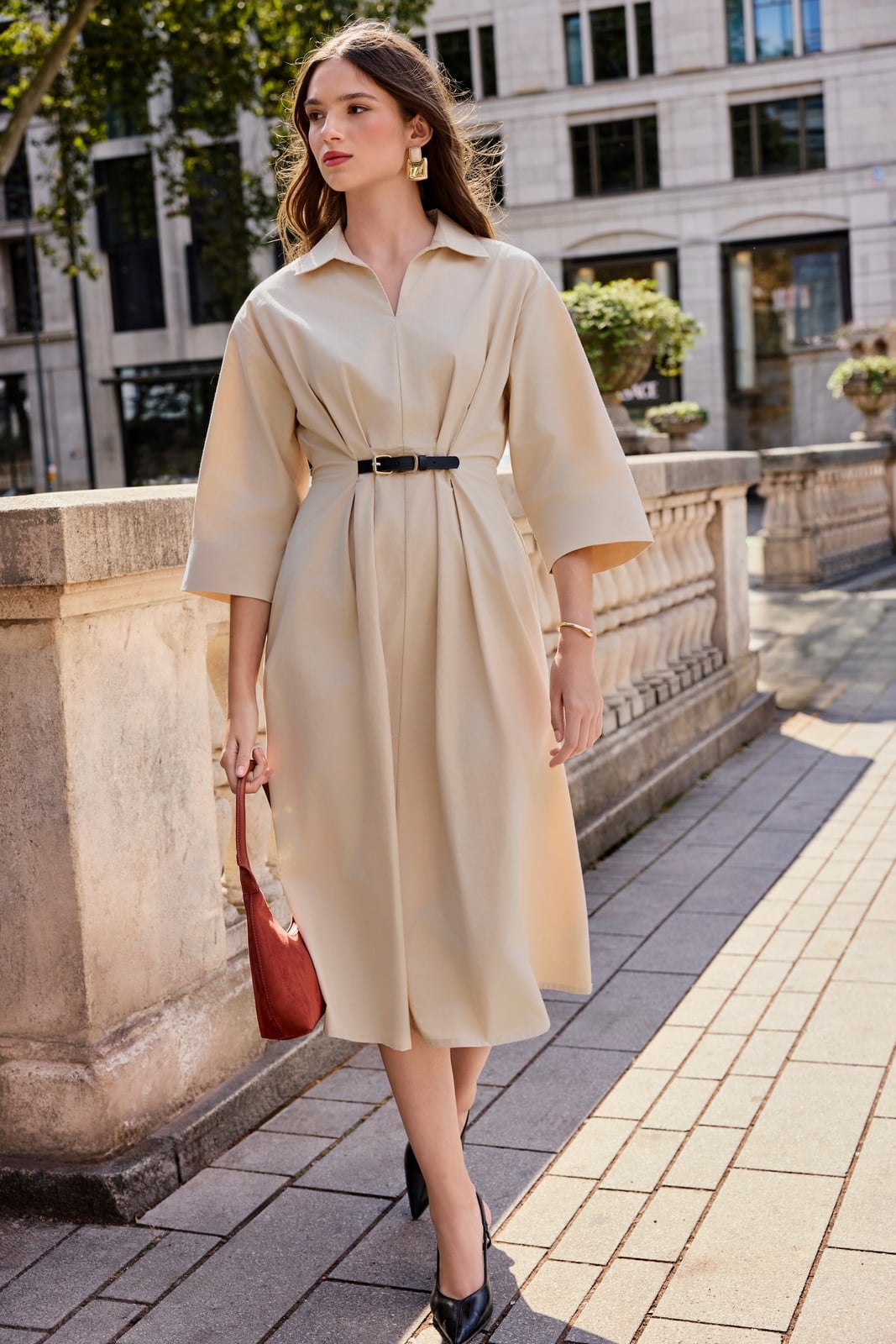 Beige Crepe Midi Dress With Pleated Skirt Beige Crepe Midi Dress With Pleated Skirt — Simple Smart Casual Outfits