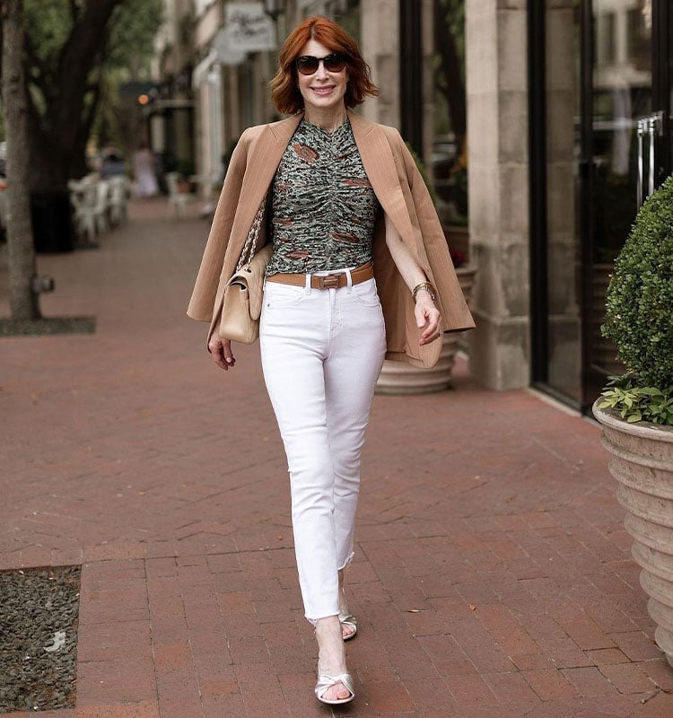 Camel Blazer With White Jeans And Printed Top Camel Blazer With White Jeans And Printed Top — Simple Smart Casual Outfits