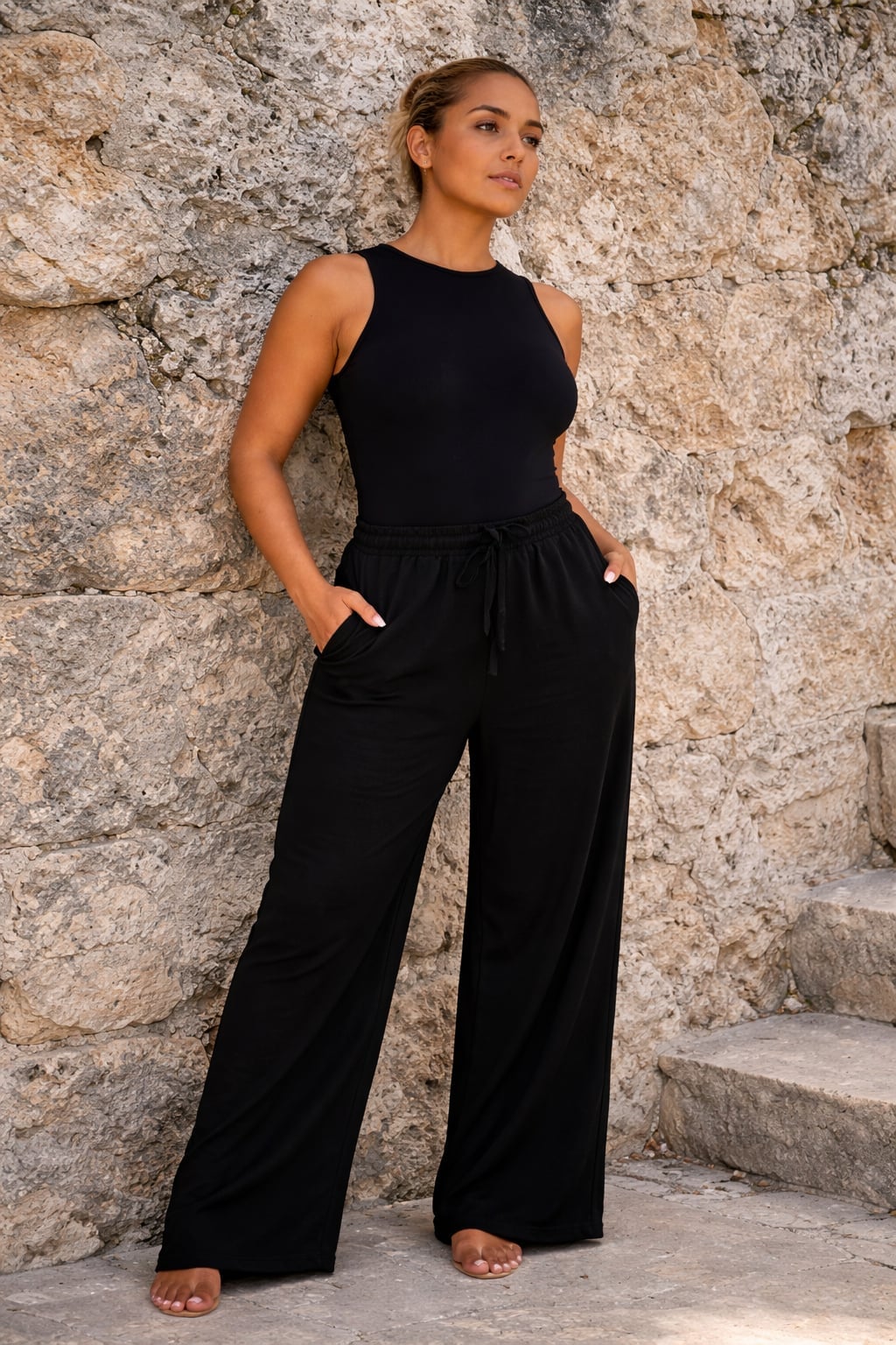 Black Bodysuit With Wide-Leg Trousers Black Bodysuit With Wide-Leg Trousers — Simple Smart Casual Outfits