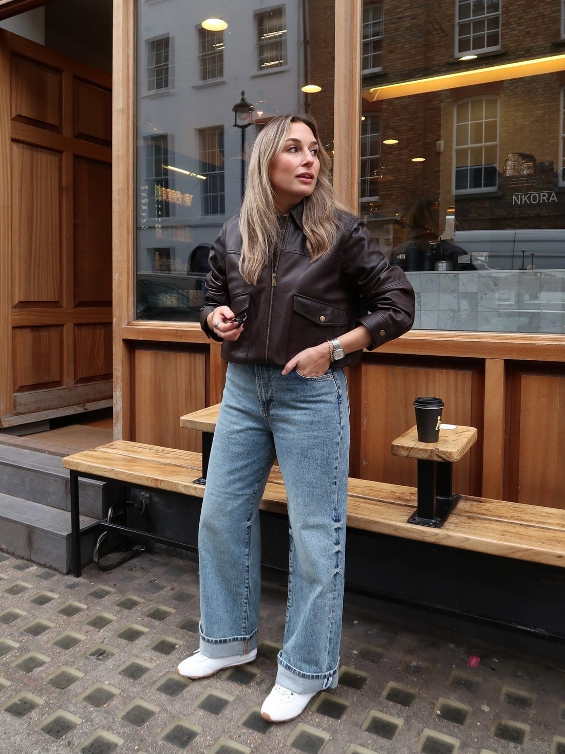 Brown Leather Bomber Jacket Over Casual Top With Jeans Brown Leather Bomber Jacket Over Casual Top With Jeans — Simple Smart Casual Outfits