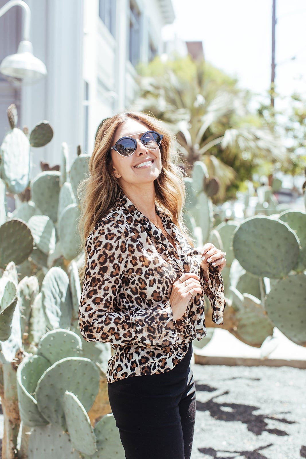 Leopard Print Tie-Neck Blouse With Black Bottoms Leopard Print Tie-Neck Blouse With Black Bottoms — Simple Smart Casual Outfits