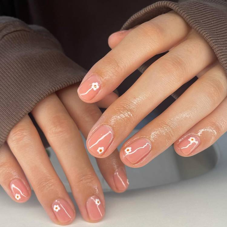 Peach Pink With White Floral Accents Peach Pink With White Floral Accents — Simple Squoval Nails