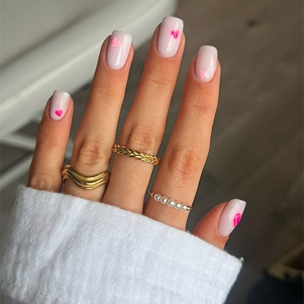 Light Pink With Bright Pink Hearts Light Pink With Bright Pink Hearts — Simple Squoval Nails