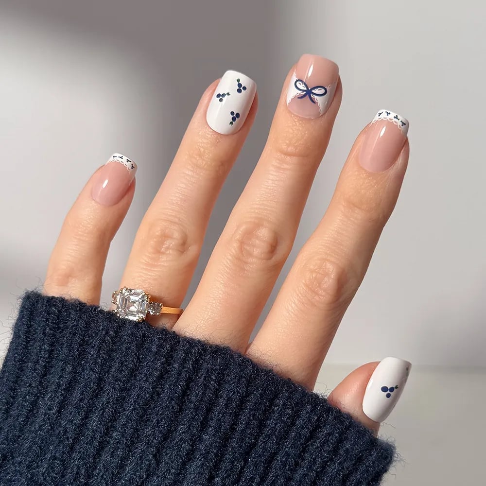 French With Lace Tips And Berry Art French With Lace Tips And Berry Art — Simple Squoval Nails