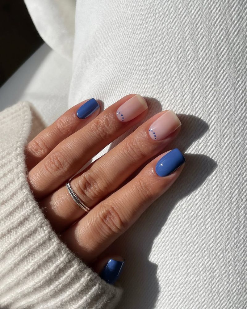 Nude Base With Scattered Blue Dots Nude Base With Scattered Blue Dots — Simple Squoval Nails