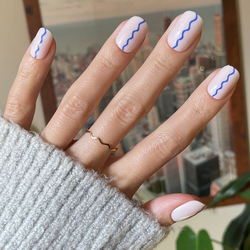 Pale Pink With Minimalist Blue Lines Pale Pink With Minimalist Blue Lines — Simple Squoval Nails