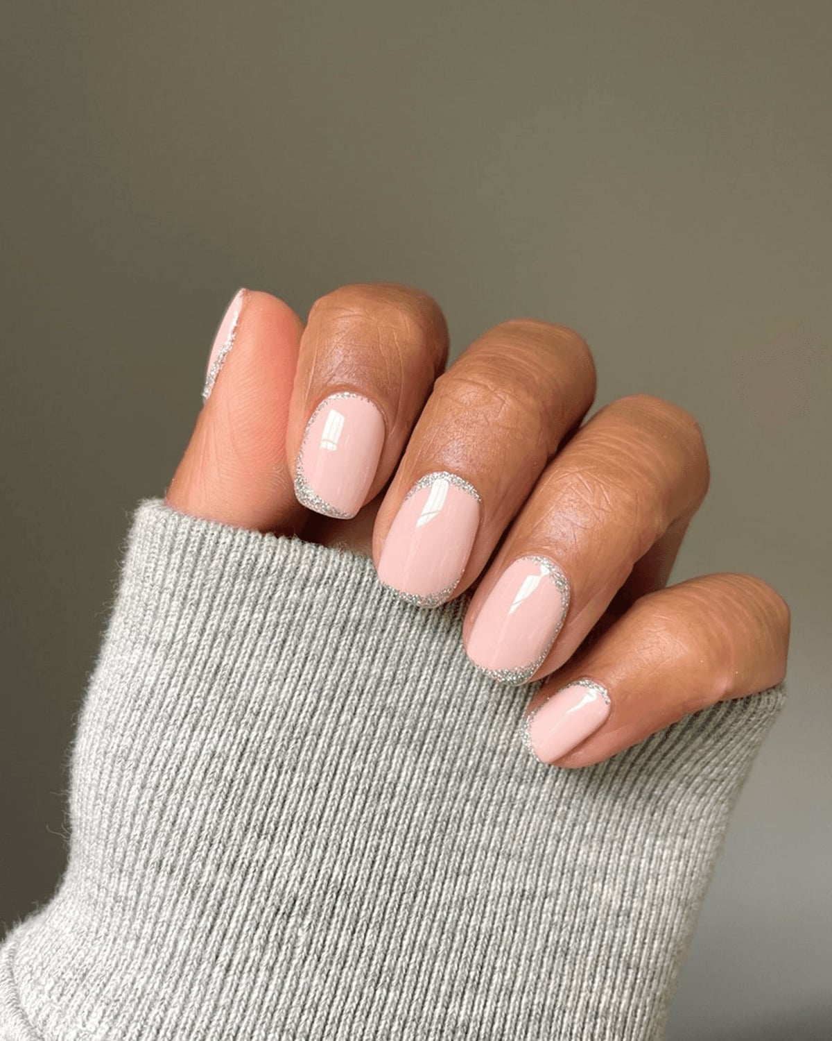 Sheer Pink With Glittering Line Detail Sheer Pink With Glittering Line Detail — Simple Squoval Nails