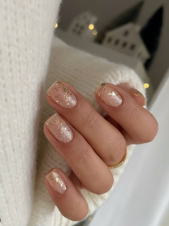 Shimmery Pink With Gold Foil Accents Shimmery Pink With Gold Foil Accents — Simple Squoval Nails