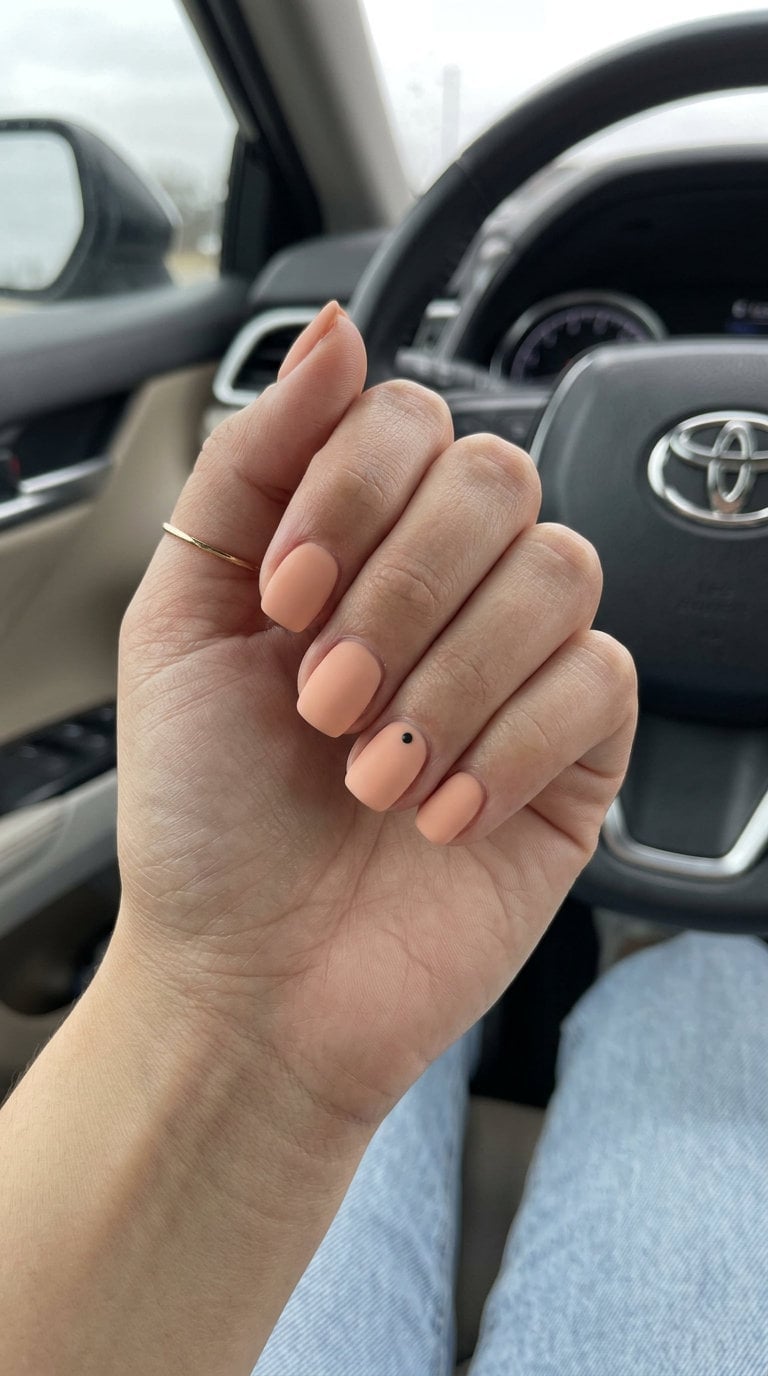 Matte Peach With Single Black Dot Matte Peach With Single Black Dot — Simple Squoval Nails