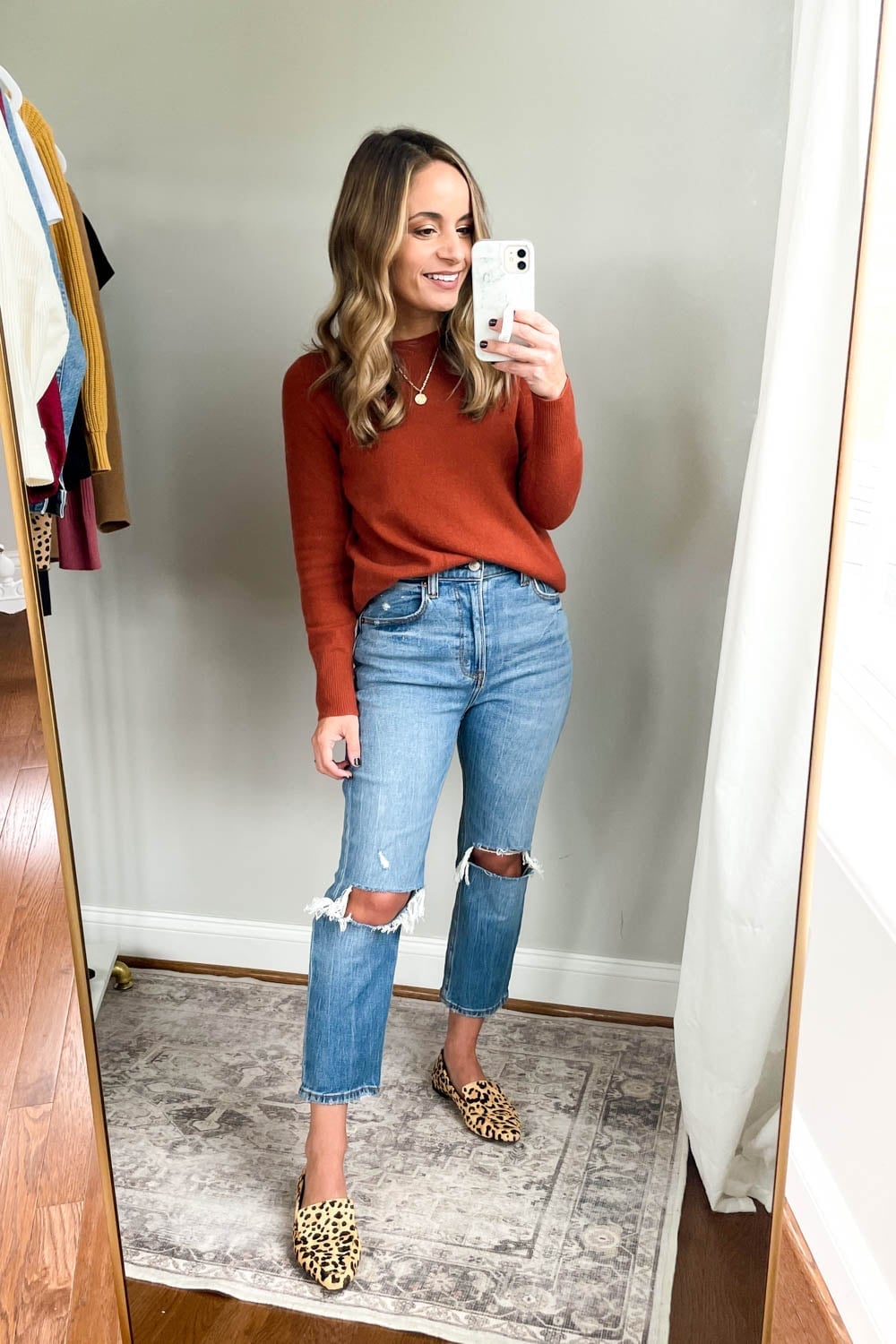 Ripped Jeans With Burnt Orange Sweater Ripped Jeans With Burnt Orange Sweater — Simple Straight Leg Jeans Outfits