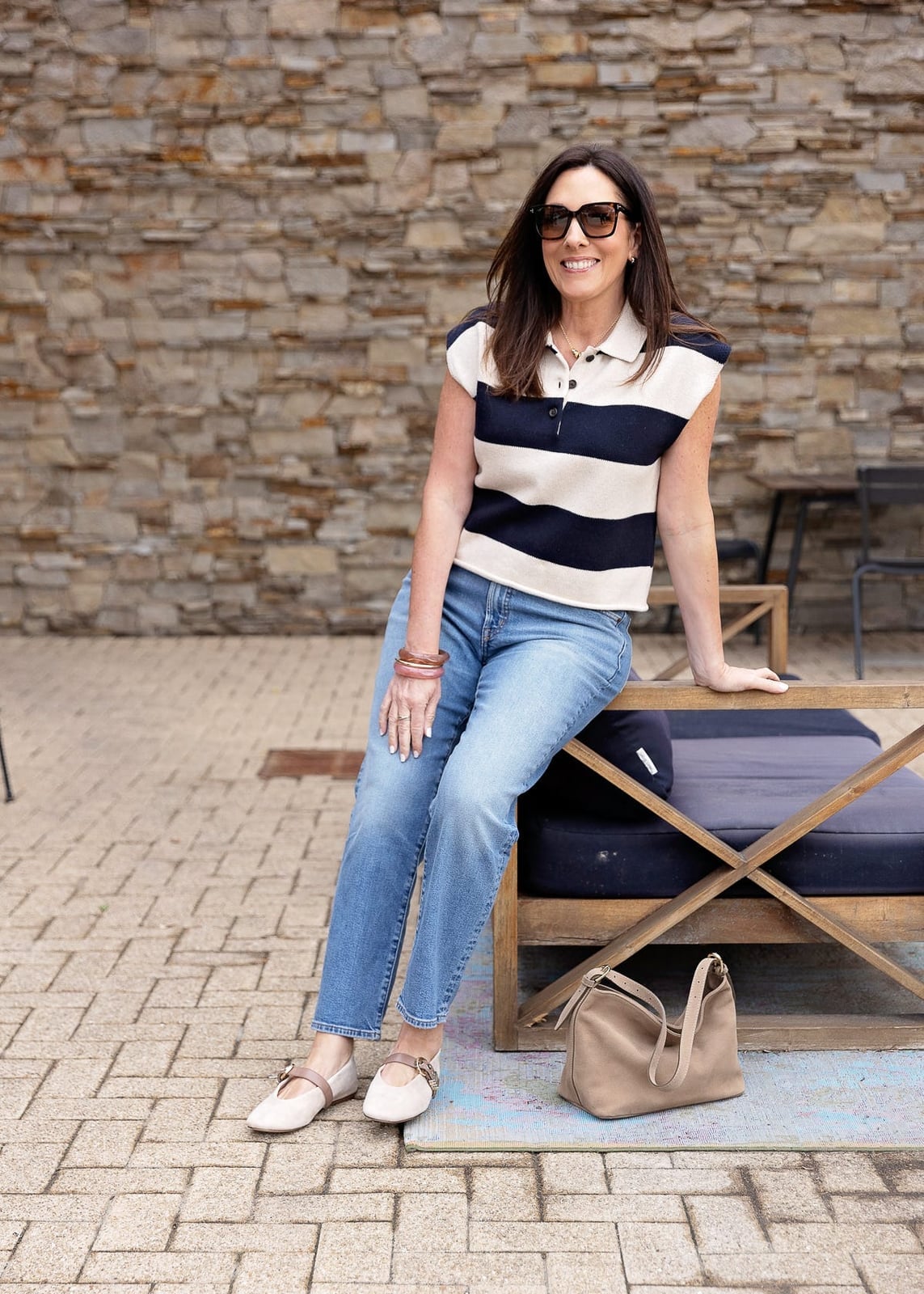 Striped Polo Shirt With Medium Wash Straight Leg Jeans Striped Polo Shirt With Medium Wash Straight Leg Jeans — Simple Straight Leg Jeans Outfits