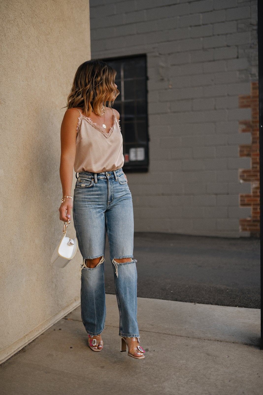 Satin Camisole Elevates Distressed Straight Leg Jeans Satin Camisole Elevates Distressed Straight Leg Jeans — Simple Straight Leg Jeans Outfits