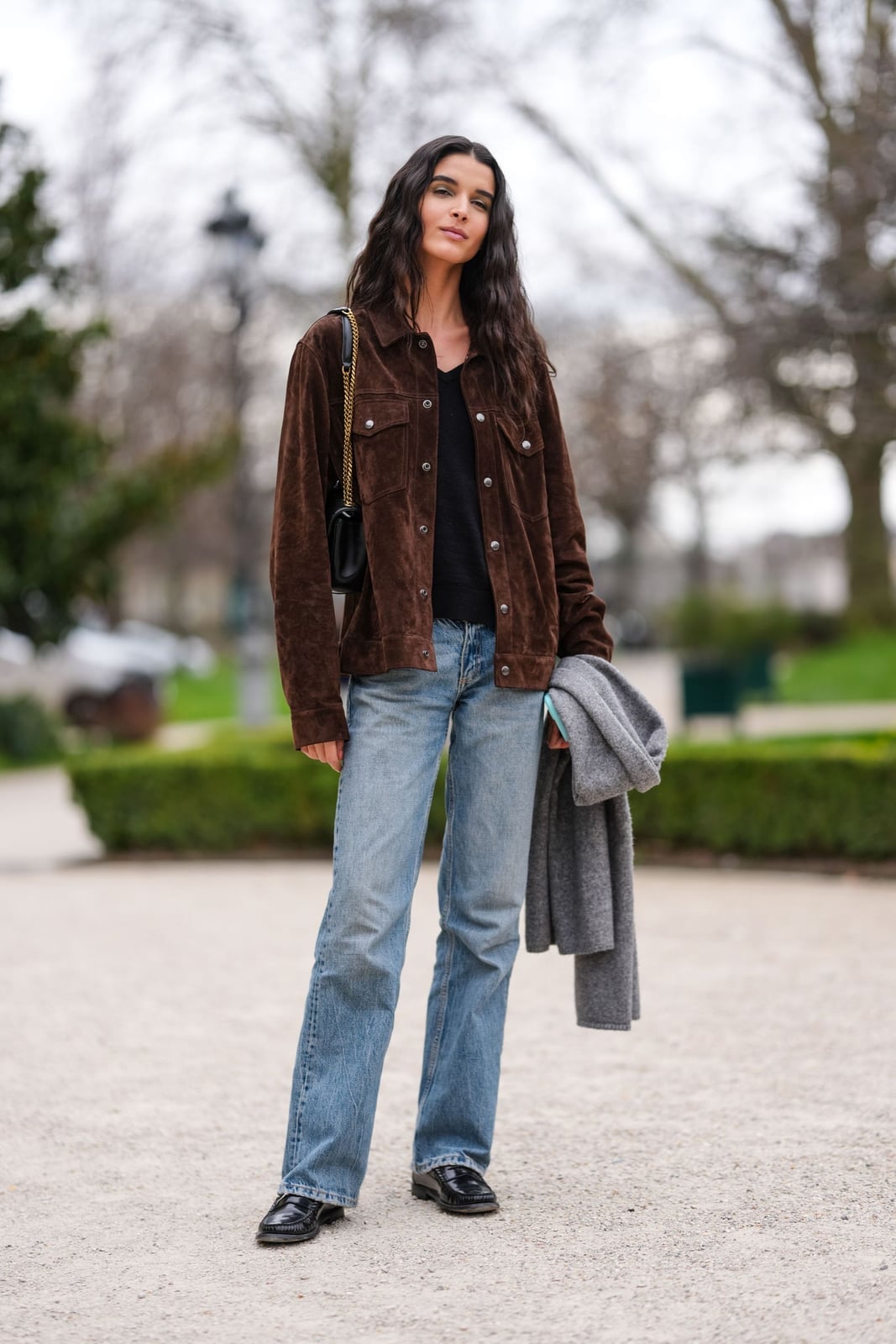 Brown Suede Jacket Completes Casual Jean Look Brown Suede Jacket Completes Casual Jean Look — Simple Straight Leg Jeans Outfits